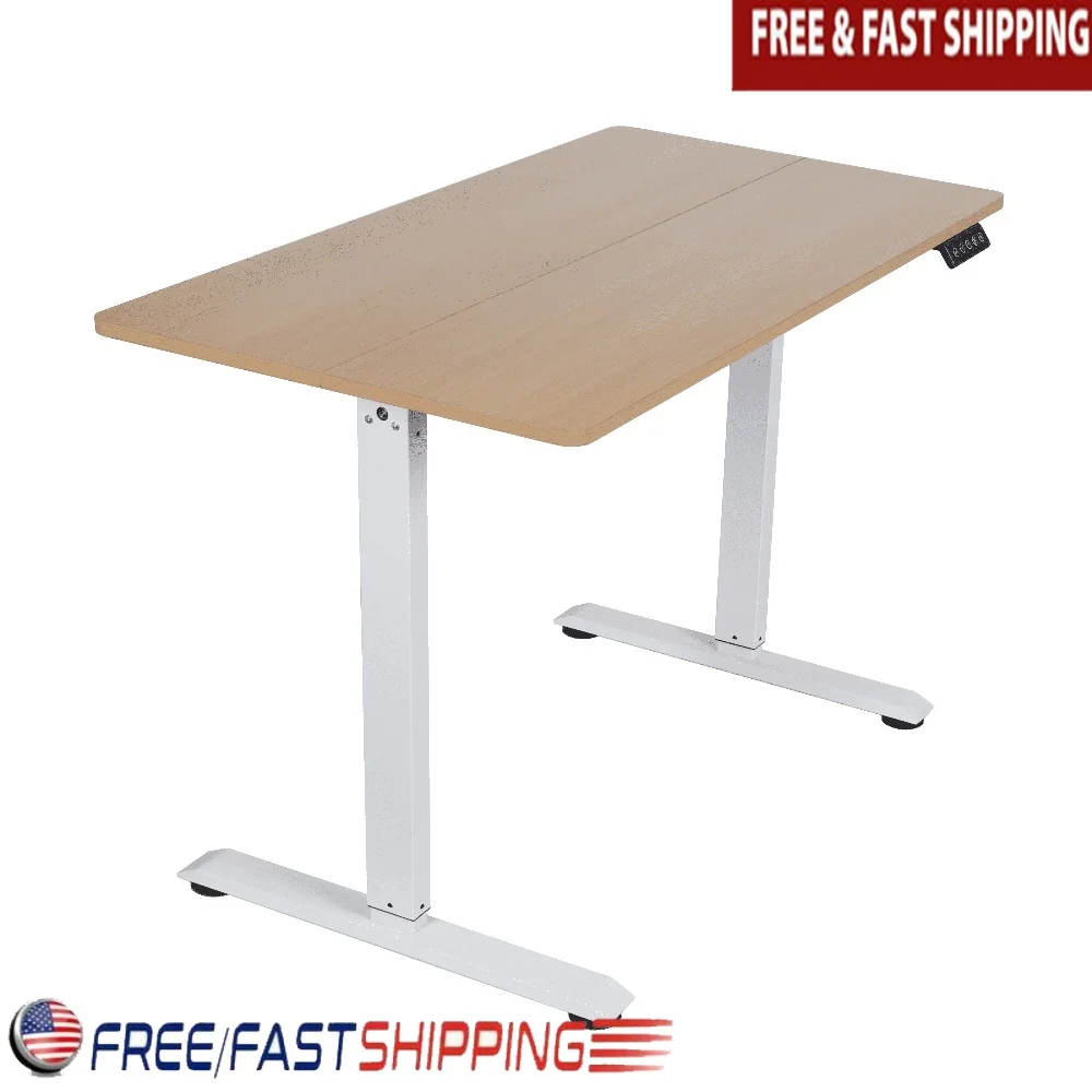 

Electric Height Adjustable Sit Stand Desk Natural Wood White Finish Ergonomic Workspace Durable Construction Spacious Surface