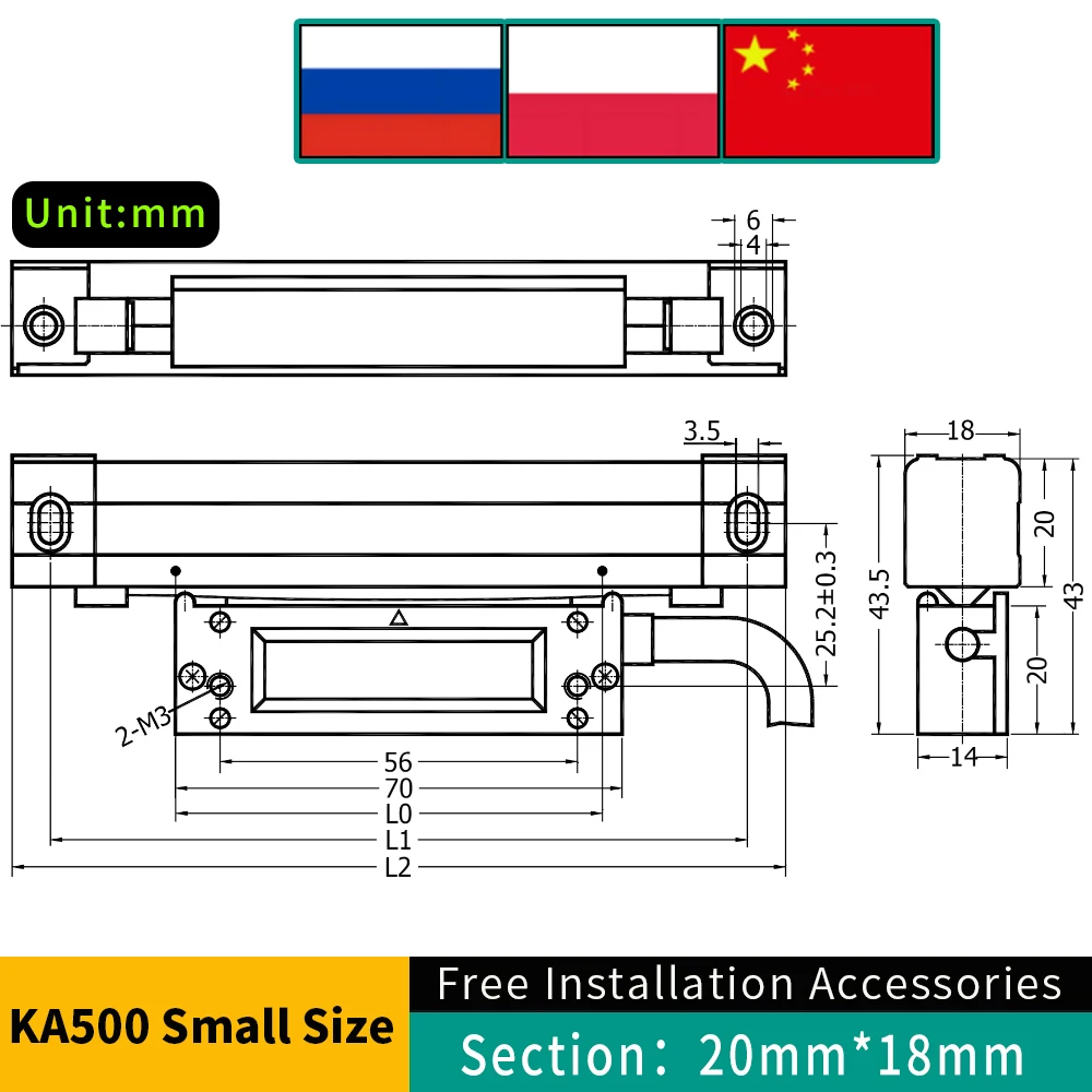 【70mm~420mm 5μm】KA-500 SINO Small Size 0.005mm Linear Scales 5Micron 5V TTL Optical Ruler 170 220 320 370mm For Lathe Machine