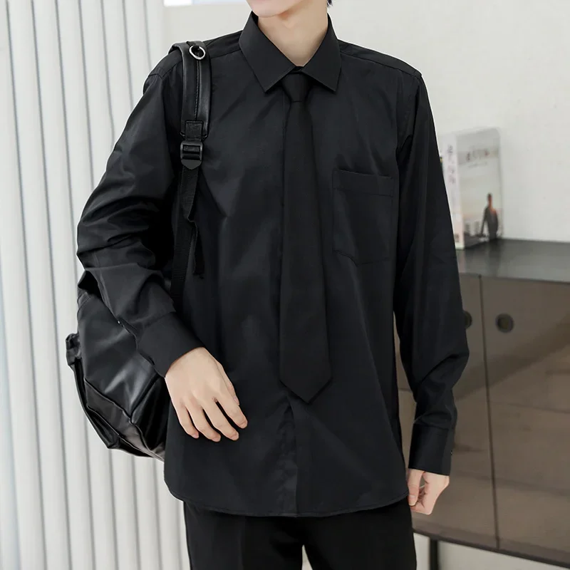 Men's Long Sleeve Shirts Spring Autumn Korean Fashion Youth Campus Style Casual Delivery Tie Oversize Shirt White Black Blouse