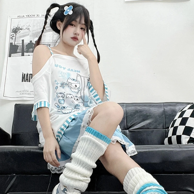 

Gothic Woman Clothing Y2k Harajuku T-shirts 2025 Print stripe y2k Japanese Female Clothing Patchwork Kawaii Sweet Cartoon cxfe3