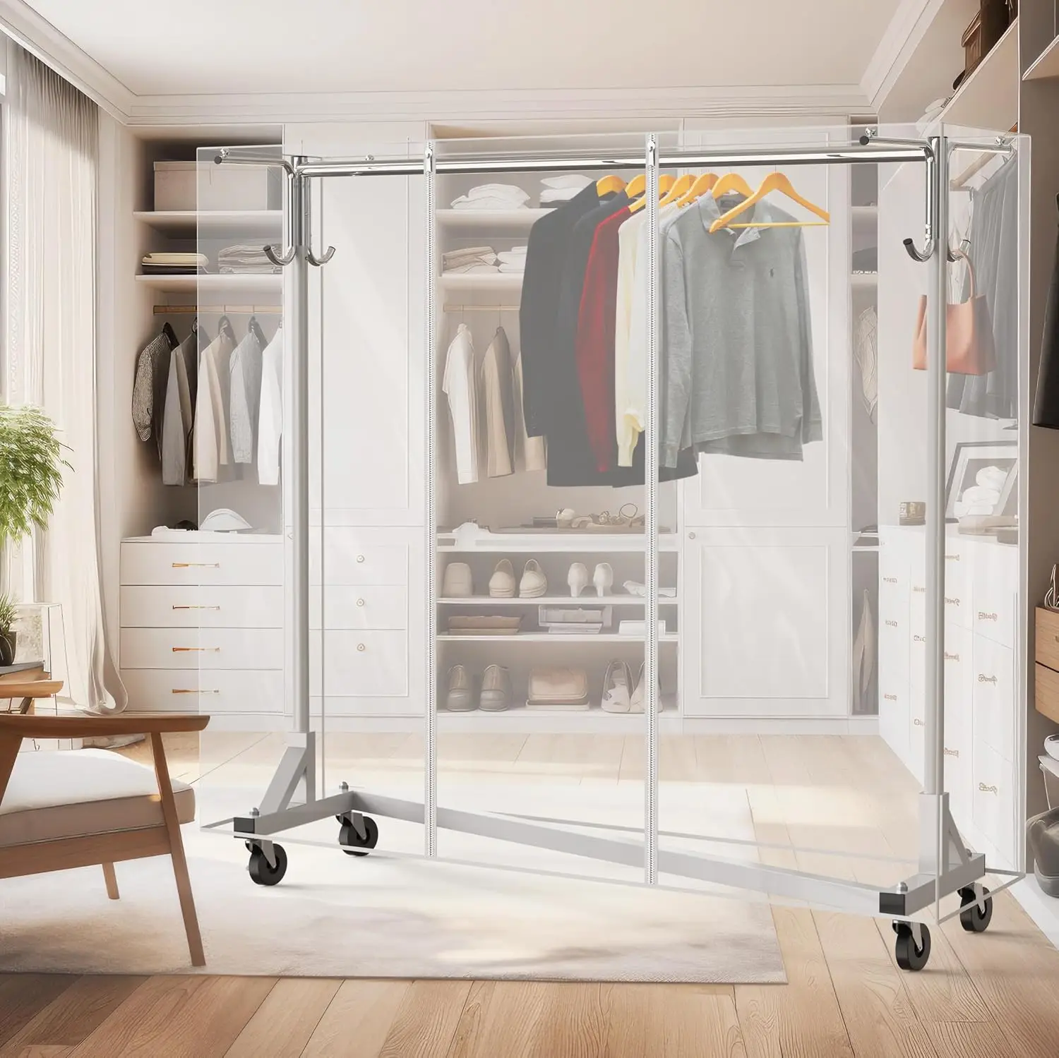 Industrial Grade Z Shaped Base Freestanding Garment Storage Organizer Extra Long Hanging Rod Dustproof Clear Protective Cover Heavy Load Household Clothing Wardrobe Holder