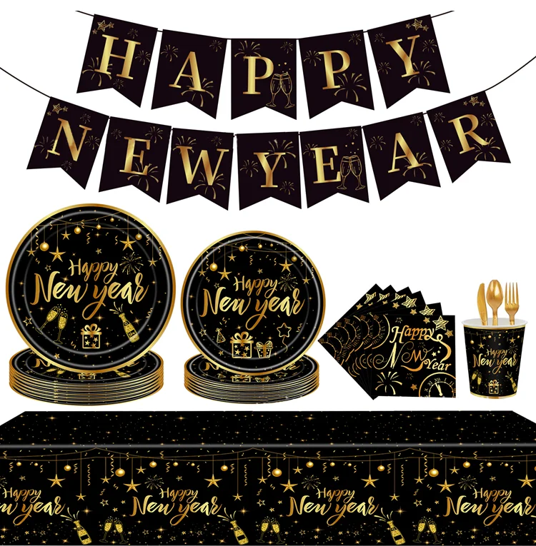 

2024 Happy New Year Disposable Tableware Set - New Year Eve Party Supplies 2024 | Black NYE Party Cups Plates and Napkins Y895