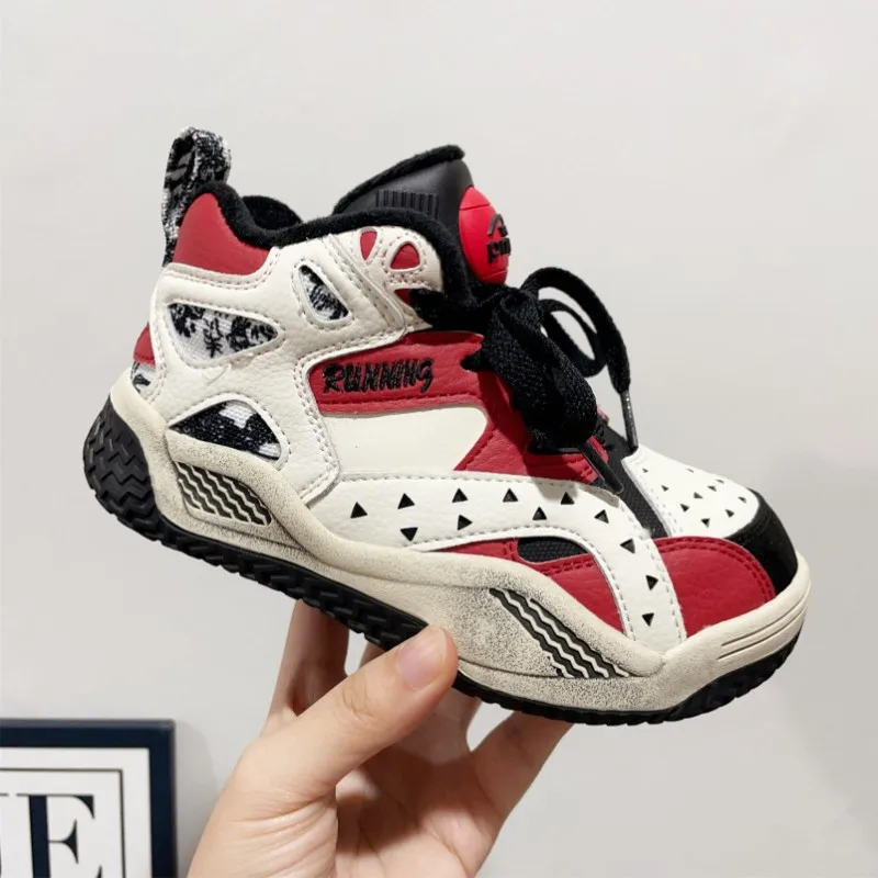 2026 Winter Genuine Leather Children Basketball Shoes Boy Warmth High Top Casual Shoes Girls Fashion Sports Shoes Size 26-37
