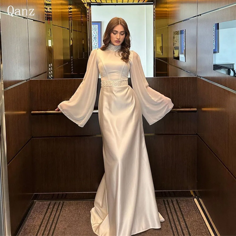 Qanz Modest Gowns Satin Mermaid Long Sleeves Wedding Dresses High Neck Sparkle Pearls Vestido De Noiva Casamento Plus Size 2024