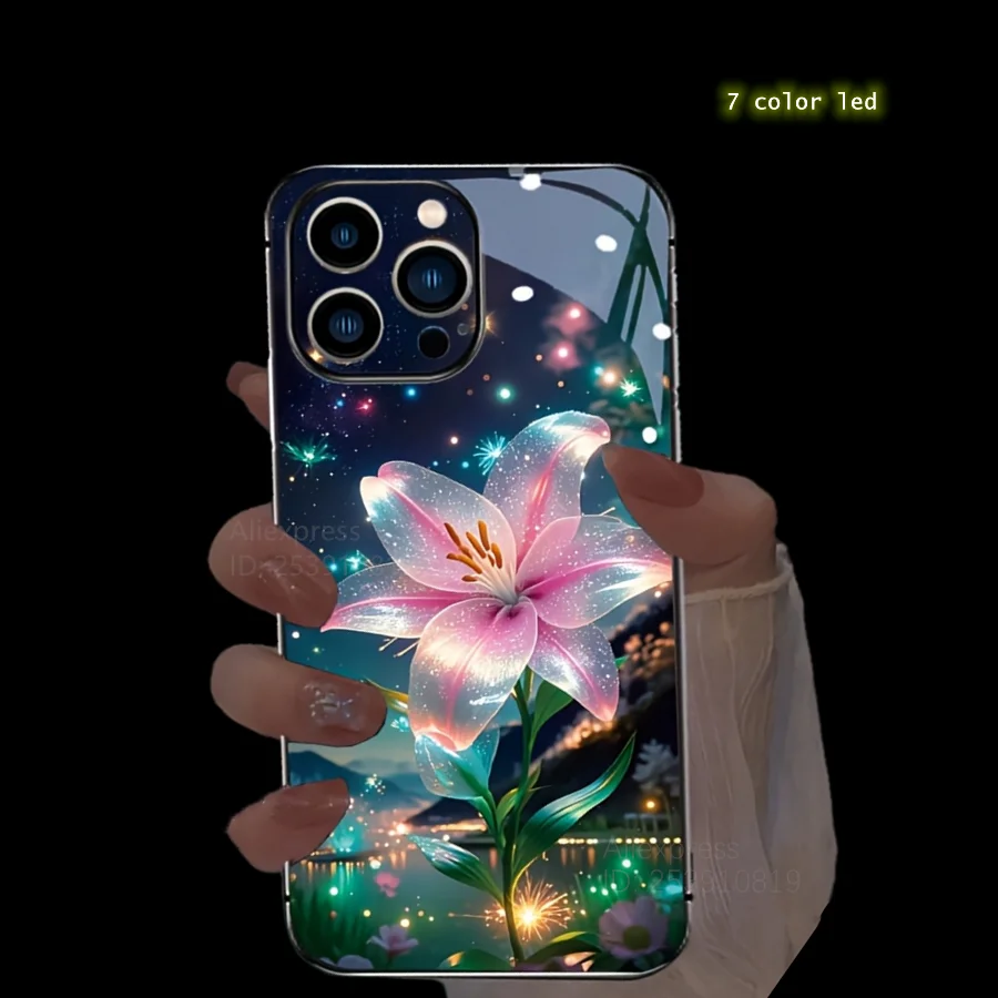 

Colorful Lucky Lotus Flash Flower Phone Case For iPhone 13 Case 16 Pro Max 16e 15 11 14 13 12 XR LED Shine Carcasa Glass Cover