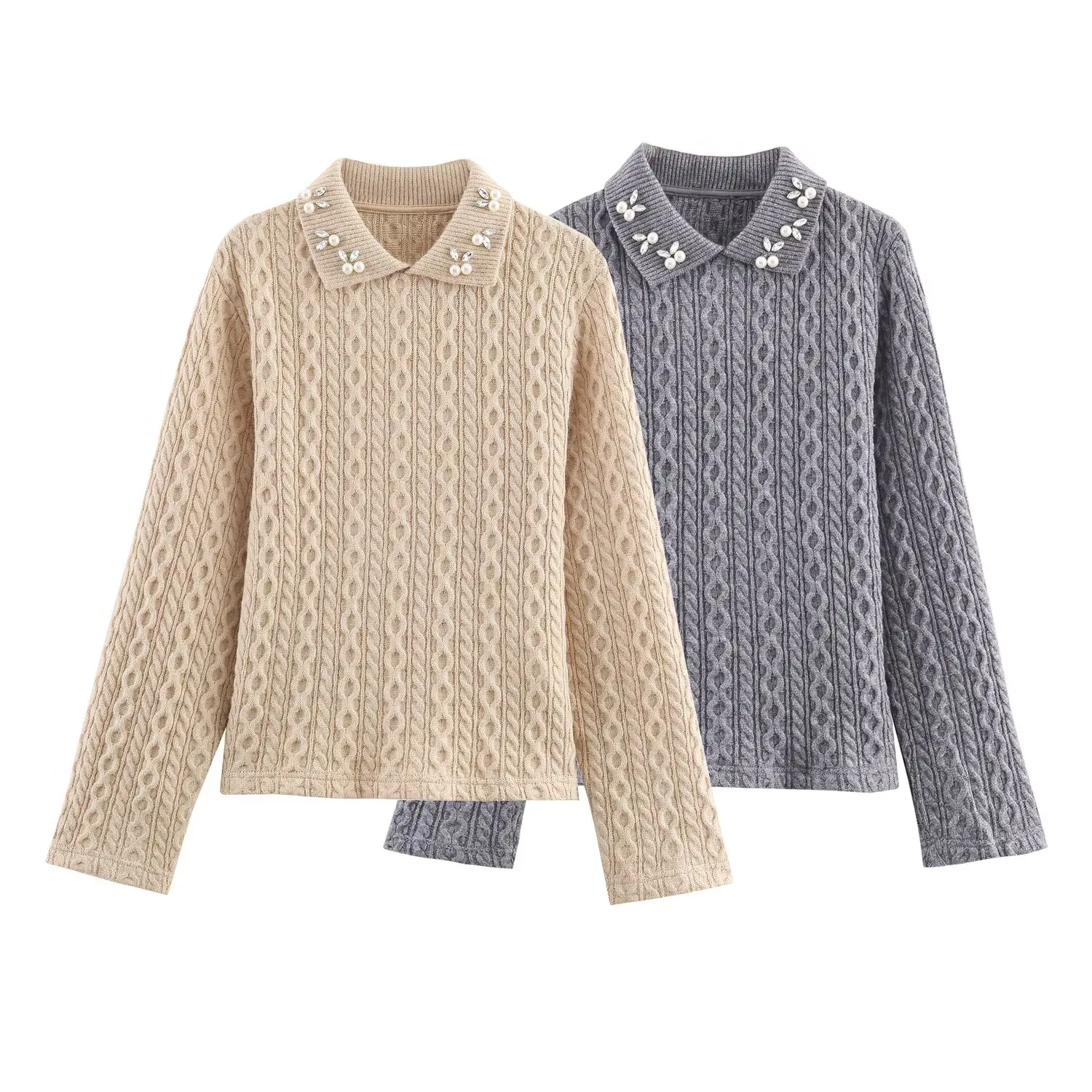 

Fashion Pearls Beading Women Knitted Sweater Autumn Lapel Rhinestone Long Sleeve Weaving Sweaters Solid Color Pullover Tops