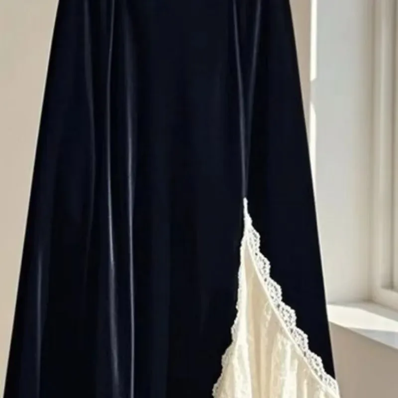 French Lace Velvet Women Skirt Patchwork A-line Autumn Winter Faldas Mujer Korean Fashion Elegant Retro Long Skirt 2025 New