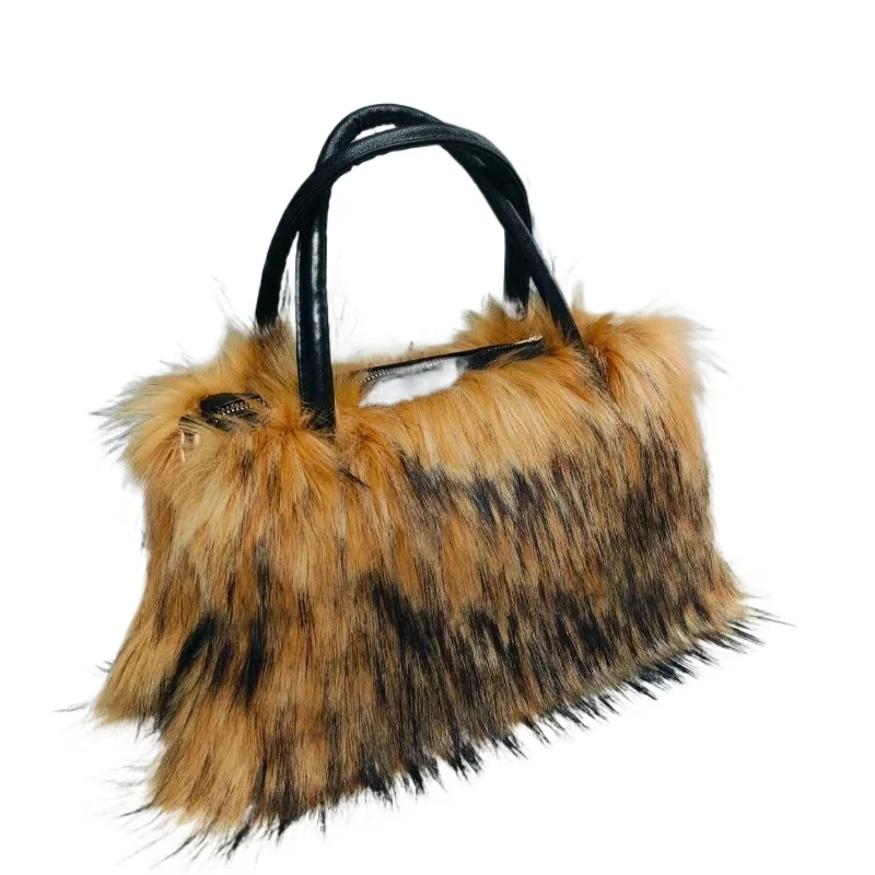 

Y2K Большая вместительная сумка из искусственного меха Boston Модная пушистая мягкая теплая сумка-тоут из искусственного меха енота Зимний пушистый кошелек