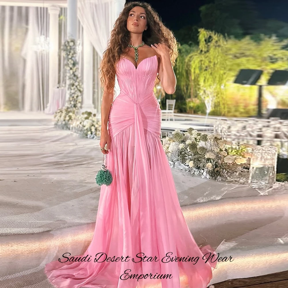 Pink Organza Evening Dress Customized Sexy Sweetheart Sleeveless Celebrity Gowns Classic Mermaid Sweep Train Prom Dresses