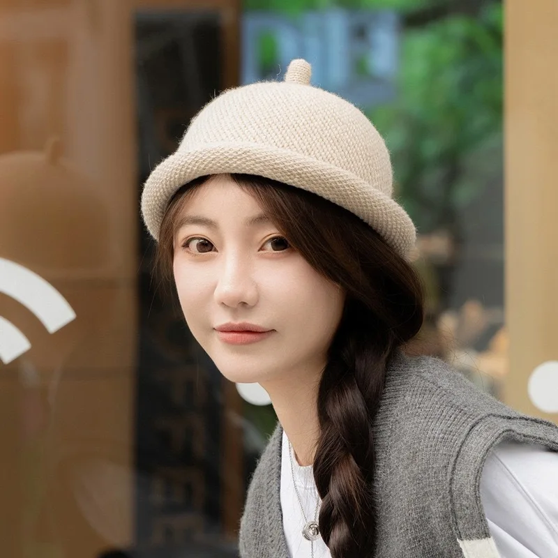 1pc Concise Knitted Bucket Hat for Women,Leisure Warmth Breathable Skull Cap with Soft Brim for Outdoor Activities,daily Wear