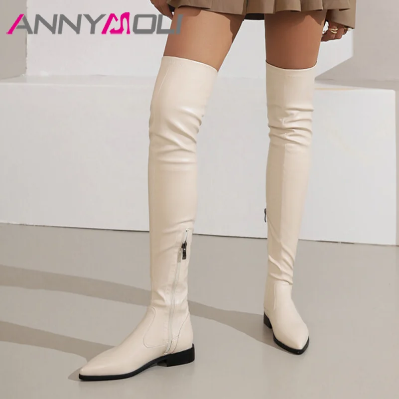 

ANNYMOLI Women Pu Leather Fashion Boots Thigh High Boots Over the Knee Thick Heel Pointed Toe Zipper Sexy Winter Autumn Shoes