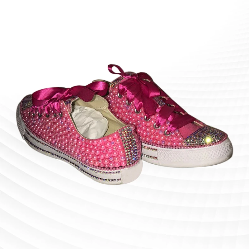 Pink Low-Top Canvas Shoes Pearl Ribbon Sports Comfortable Walking Shoes Handmade Rhinestone Ribbon Pearl Vulcanized Shoes 35-46