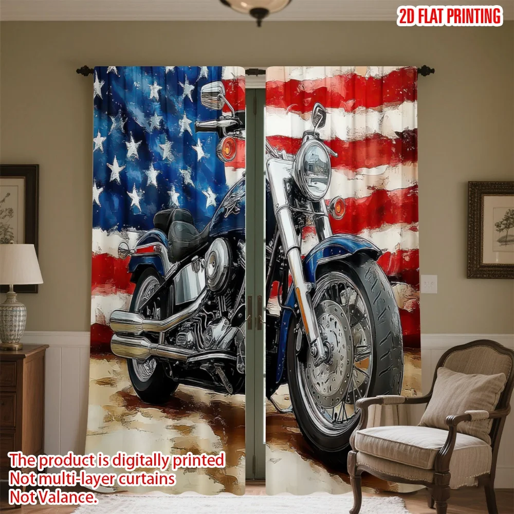 

2D flat printing 2pcs Party Window Curtains Independence Day Motorcycle Digital Printed Polyester Drapes Birthday Party Perfect