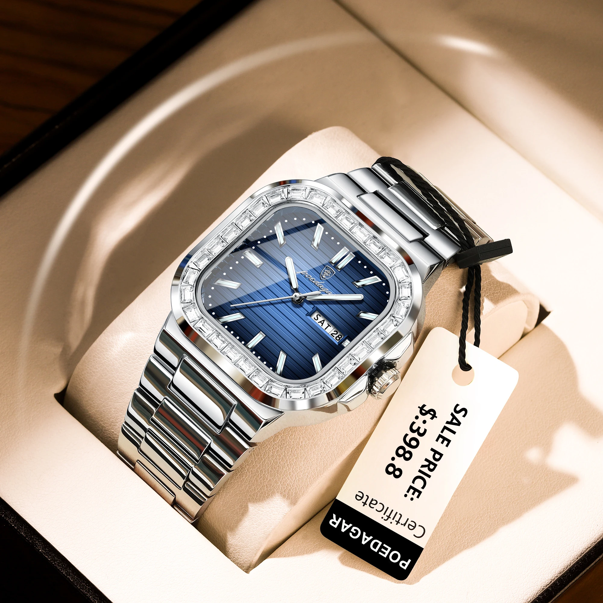 Poedagar moda quadrado relógio masculino data semana à prova dwaterproof água luminosa homem relógio de luxo quartzo aço inoxidável relógios esportivos para homem