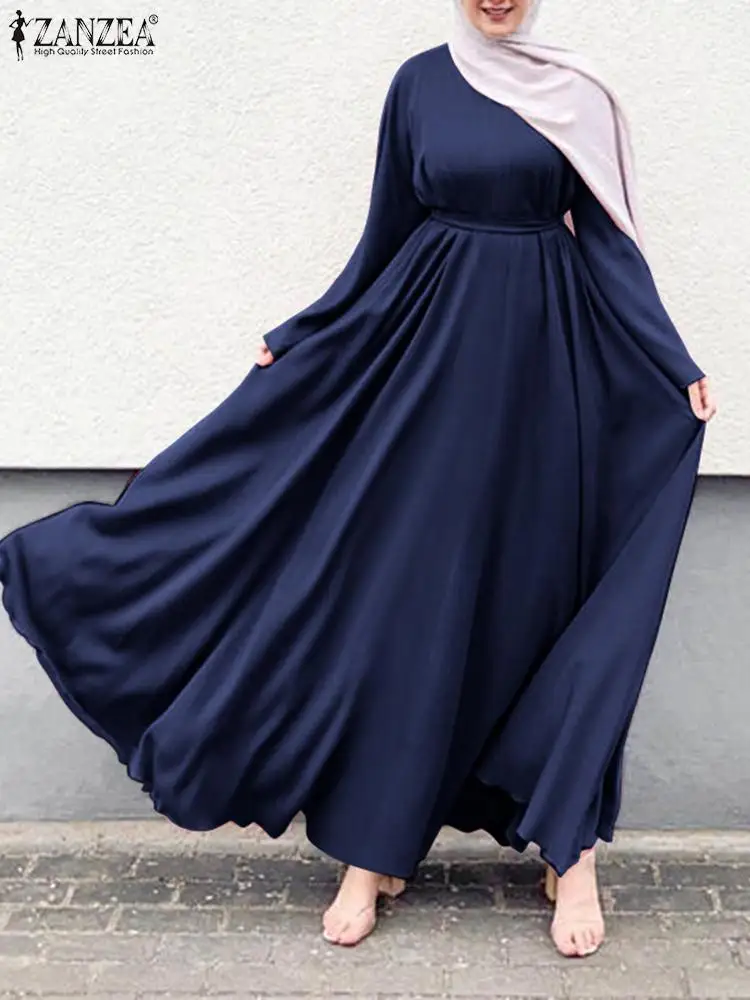 ZANZEA Fashion Muslim Dress Women Elegant Long Flare Sleeve Maxi Long Sundress Kaftan Abaya Ramadan Vestidos Solid Robe Femme