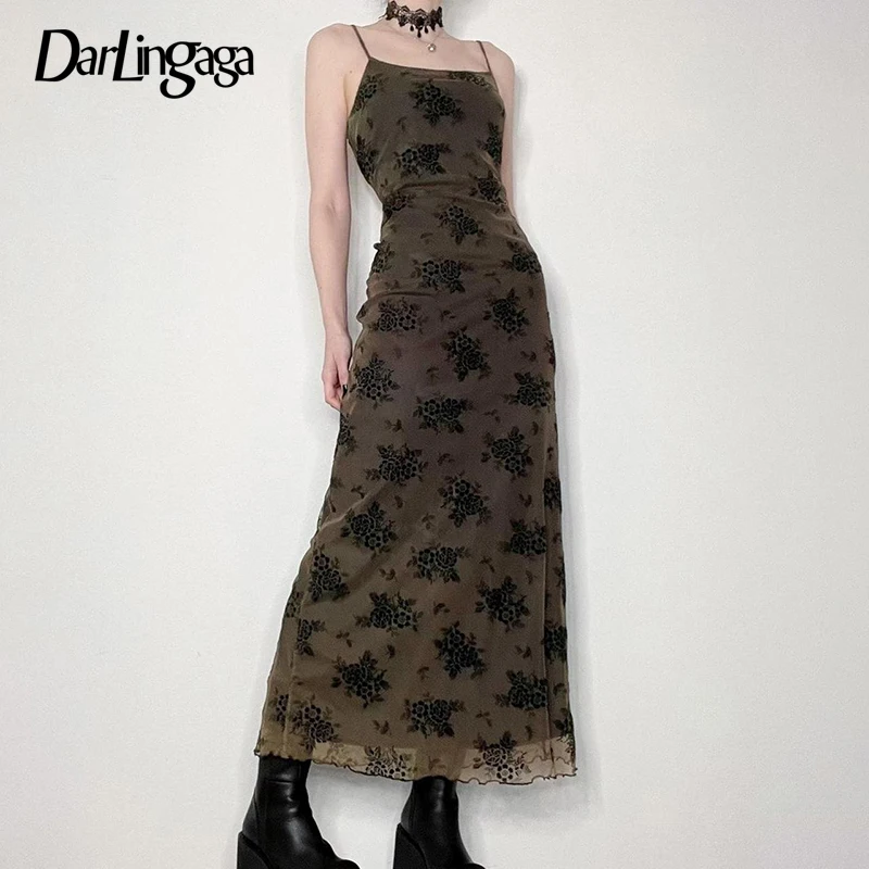 Darlingaga Y2K Retro Fashion Strap Printing Summer Maxi Dress Women Fairycore Grunge Chic Party Long Mesh Dresses Gothic Clothes