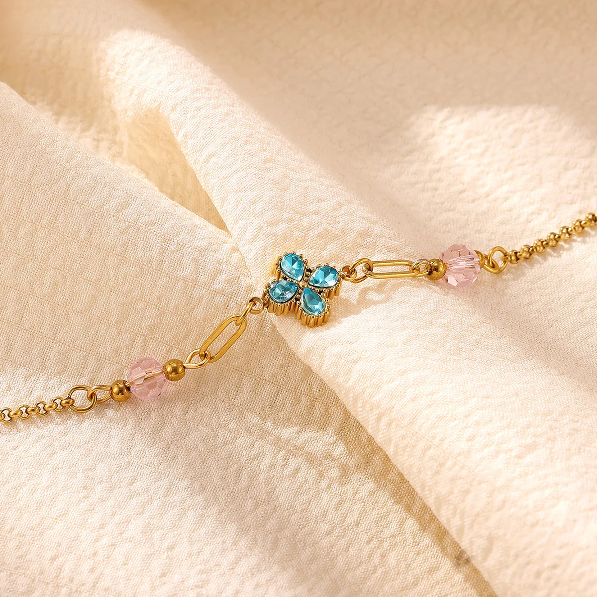 Lucky Blue Crystal Pink Bead Flower Bracelet For Women Gold Color Stainless Steel Bracelet Wedding Christmas Jewelry Gift