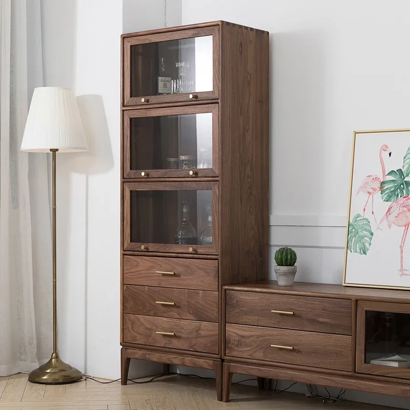 Black walnut flip door bookcase, storage cabinet, storage rack, wine cabinet, walnut glass display cabinet