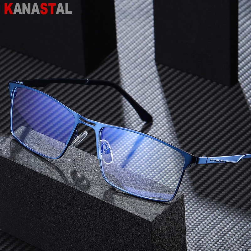 Men's Blue Light Blocking Glasses Metal Business Male Computer Square Eyeglasses Frame Anti Fatigue Prescription Eyewear