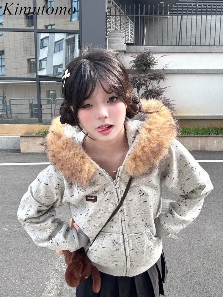 

Kimutomo толстовки женские винтажные мультяшные собаки пушистые лоскутные осенне-зимние модные толстовки Y2k Harajuku женские куртки