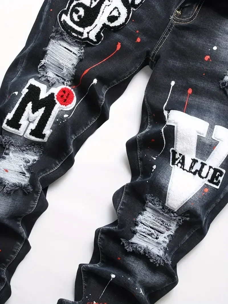 Jeans denim elasticizzati da uomo y2k Pantaloni skinny strappati con stampa di lettere elastiche in vita Pantaloni casual da uomo Pantaloni hip-hop in denim slim fit con foro