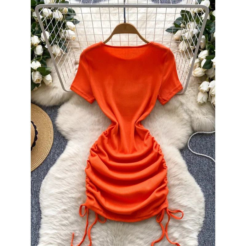 Vrouwen 2025 chique zomer trekkoord bodycon mini korte jurk casual party geplooide schede ruches stretch nachtclub t-shirt jurk