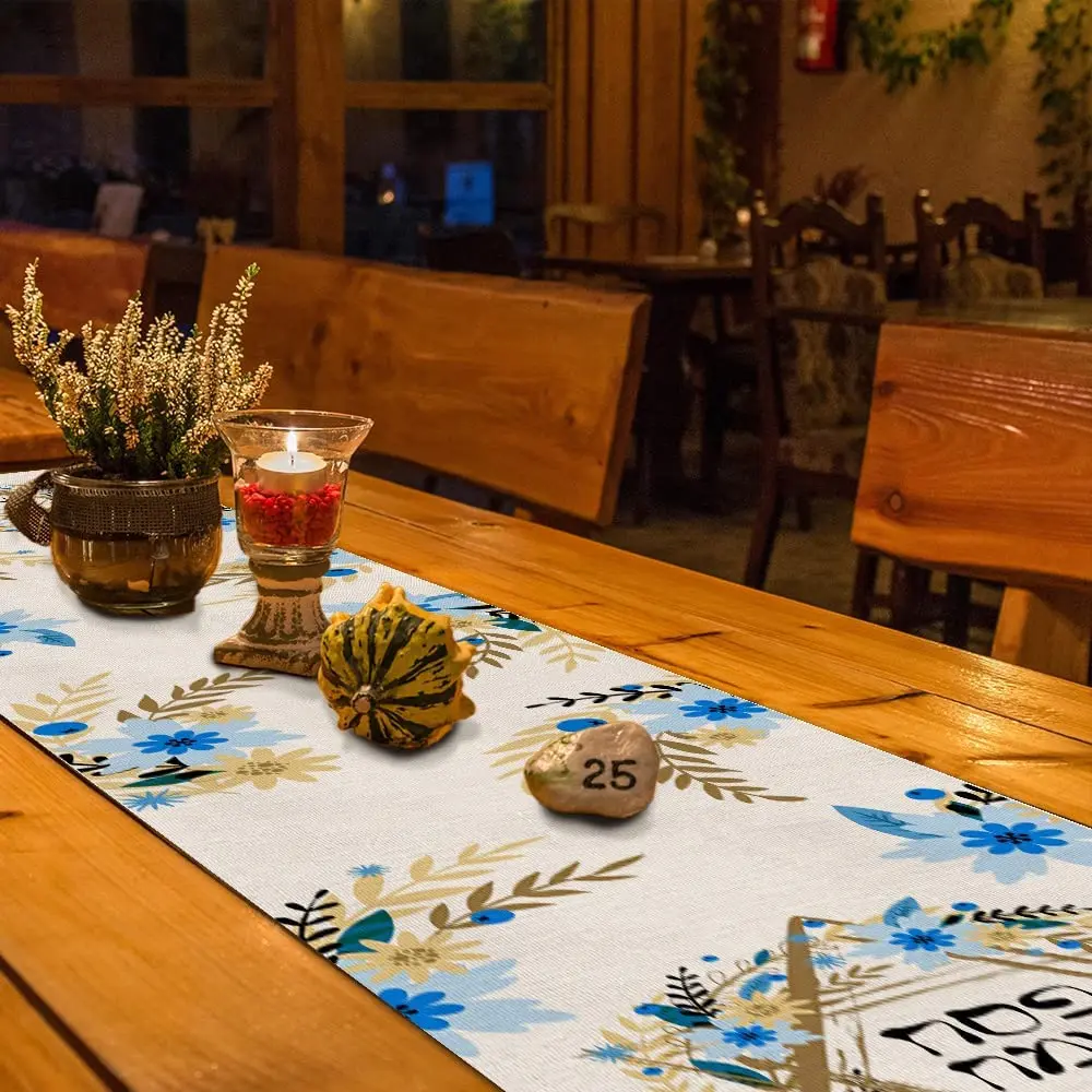 Camino de mesa de lino Hanukkah con flor azul Feliz de Pascua, decoraciones para el hogar, camino de mesa de vacaciones de aniversario judío para