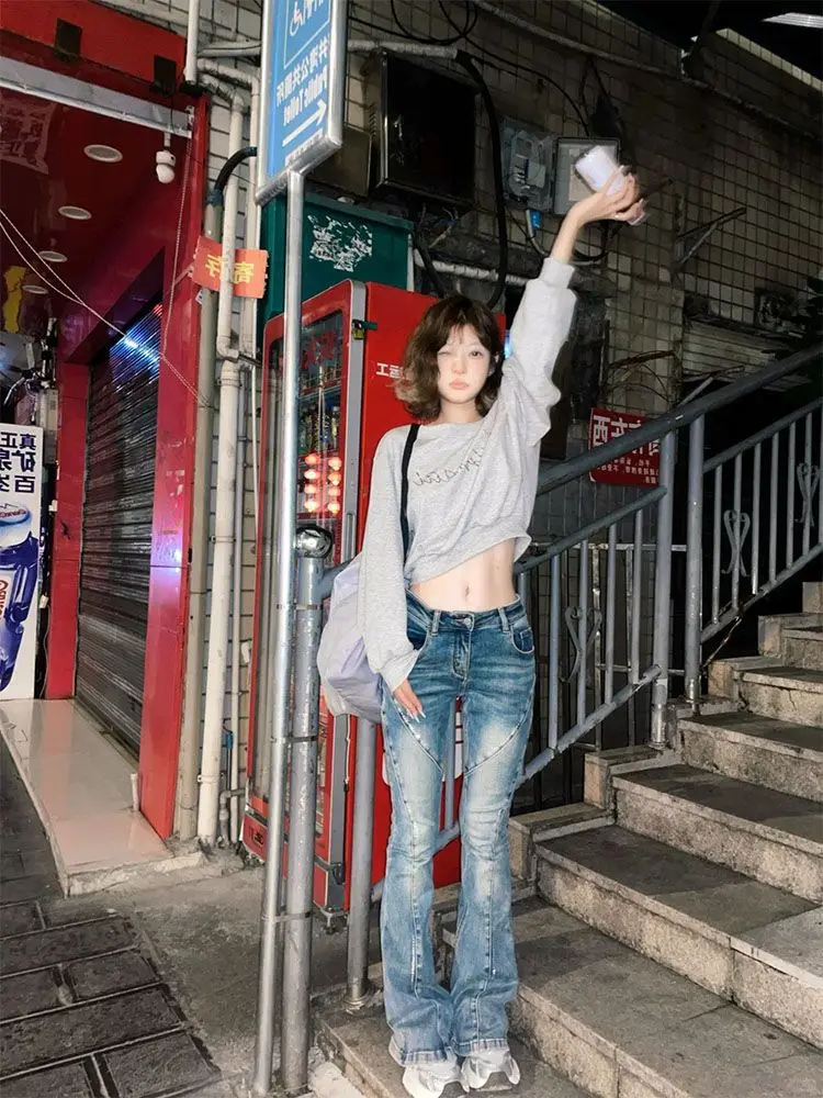 Tawaaiw grijze truien damessweatshirts off-shoulder lange mouw Koreaanse mode jaren 2000 kleding Y2k casual hoodie herfst tops