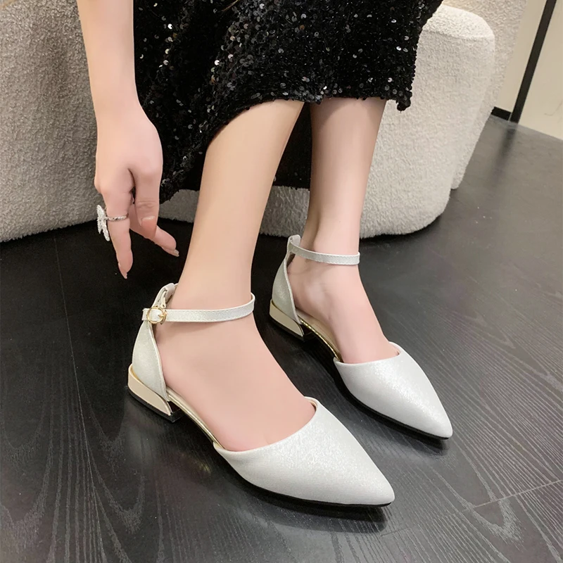 Ankle Buckle Low Heels Pumps Women Pointed Toe Square Heeled Party Shoes Woman Plus Size 43 Fashion Ankle Strap Casual Shoes