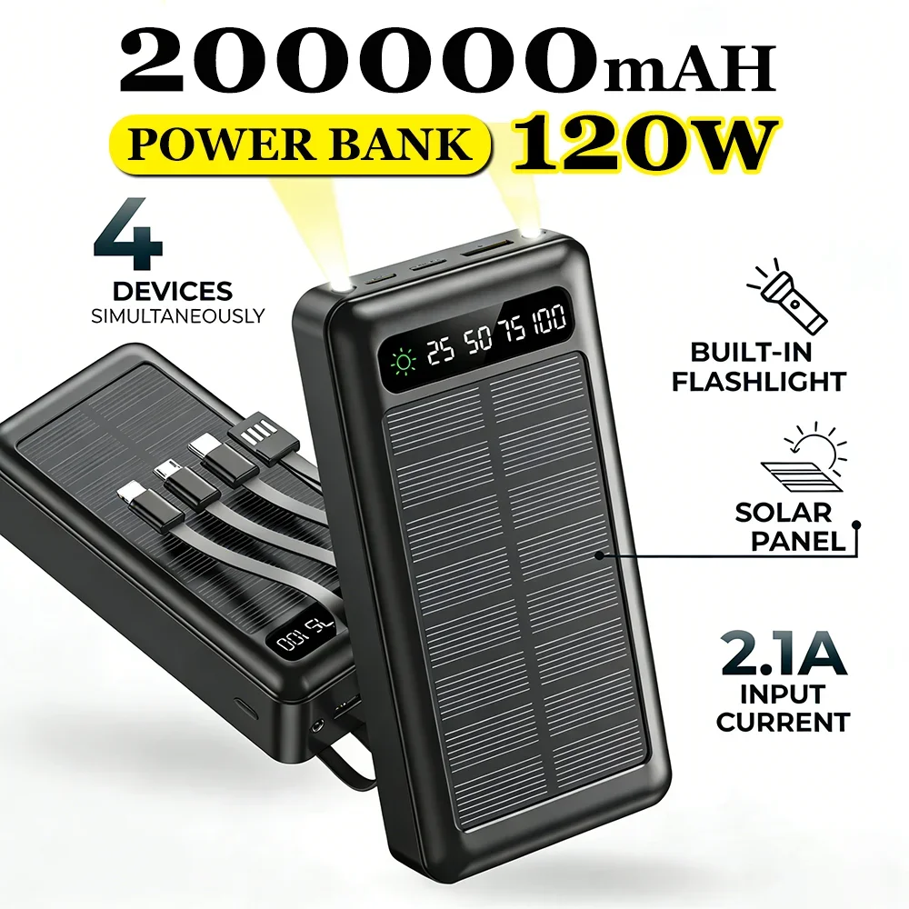 

200000 mAh Solar Power Bank Супер быстрая зарядка Сверхемный USB Type C Светодиодный светильник 4 в 1 Открытый внешний аккумулятор для Xiaomi iPhone 15