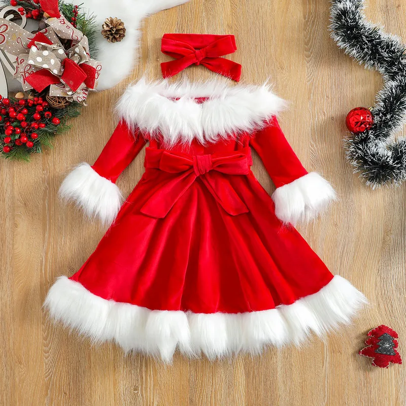 Christmas Dress Kid Baby Girl Clothes Faux Fur Patchwork Long Sleeve Off Shoulder A-Line Dress with Belt Bow Headband