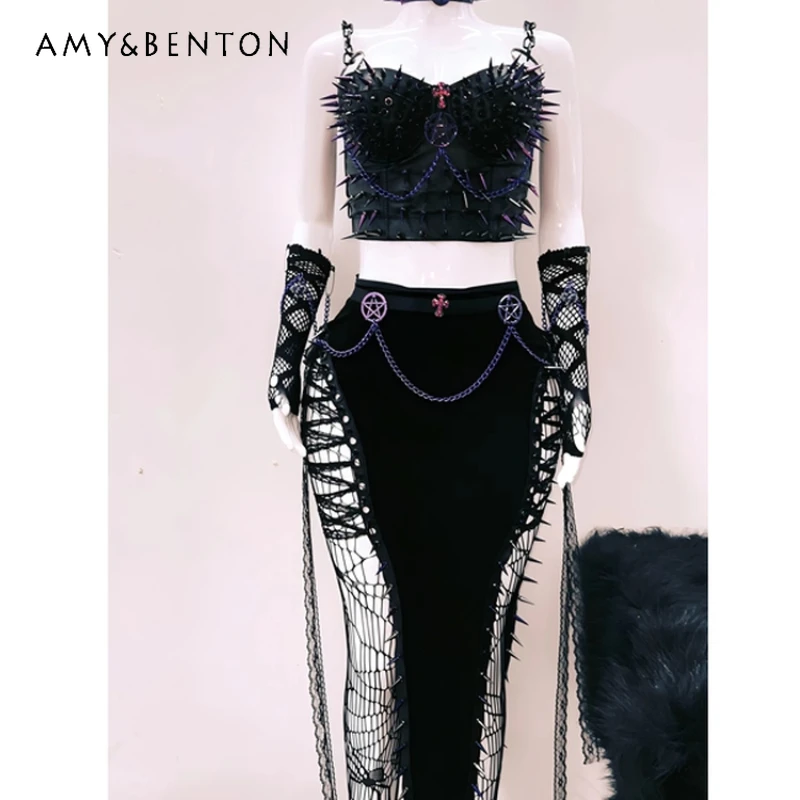 Original Design Neue Heavy Metal Niet Punk Rock frauen Top Gothic Dark Subkultur Süße Kühle Sexy Mesh Langen Rock set Damen
