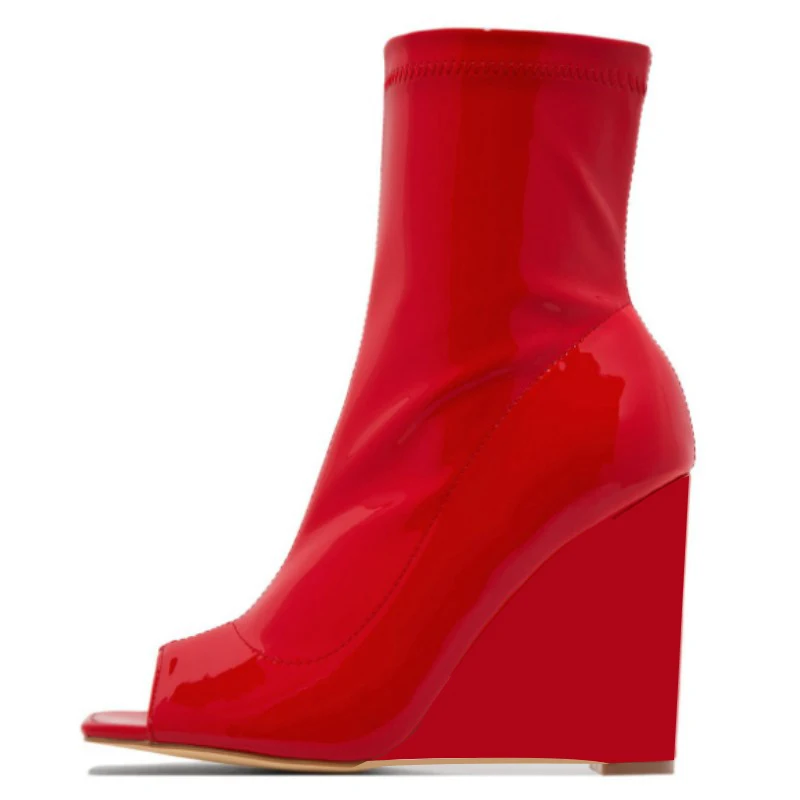 

SHOFOO Fashionable women's high-heeled boots About 11 cm heel height Elastic boots Red leather boots Ankle boots Peep toe wedges