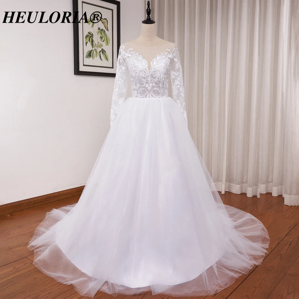 

HEULORIA Boho Wedding Dress long sleeve bride dress plus size robe de mariee Lace beading A line Wedding Bridal Gown