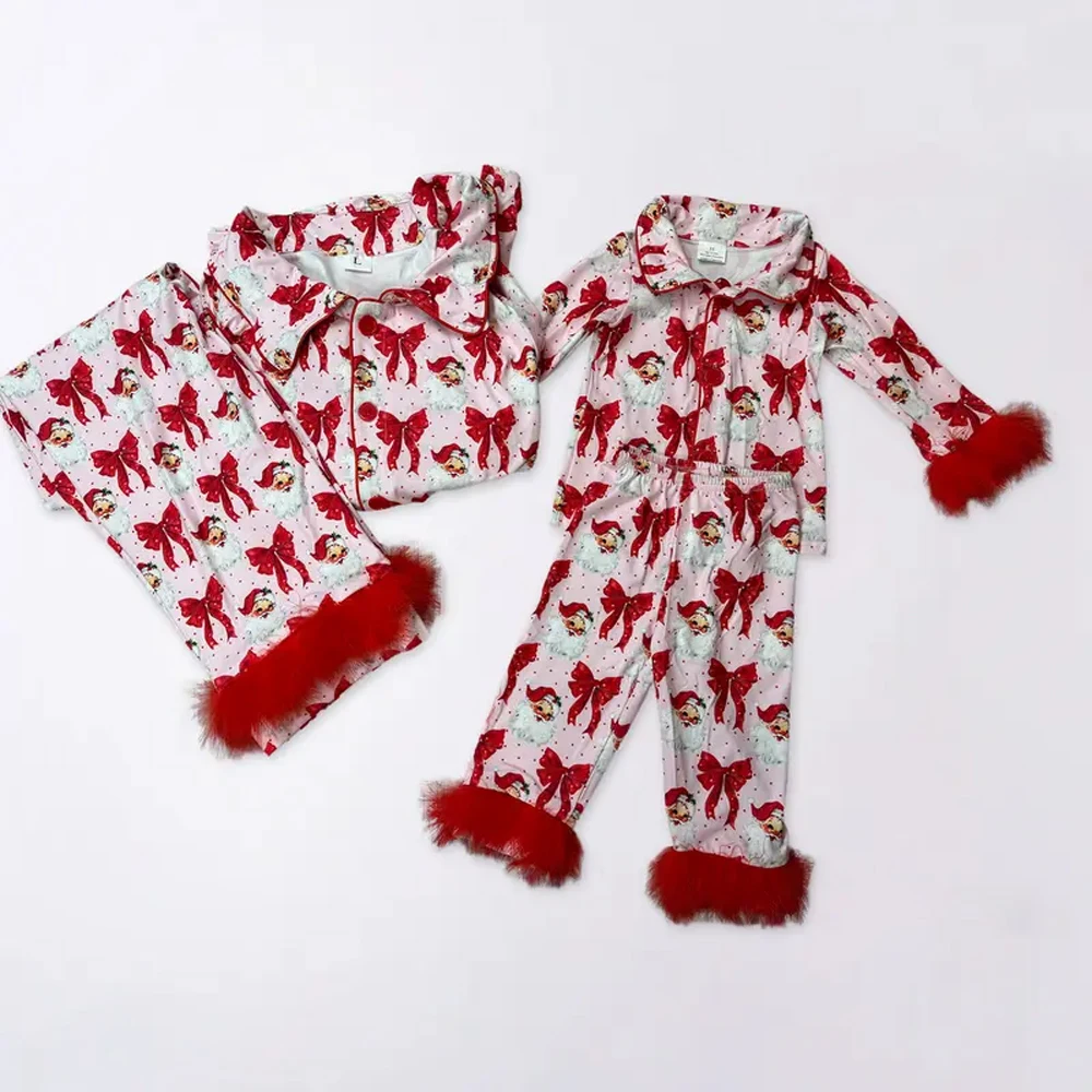 

z912-03 GLP2715 Wholesale Boutique Matching adult clothes Christmas bow plush long sleeve pants sets matching kids clothes girl