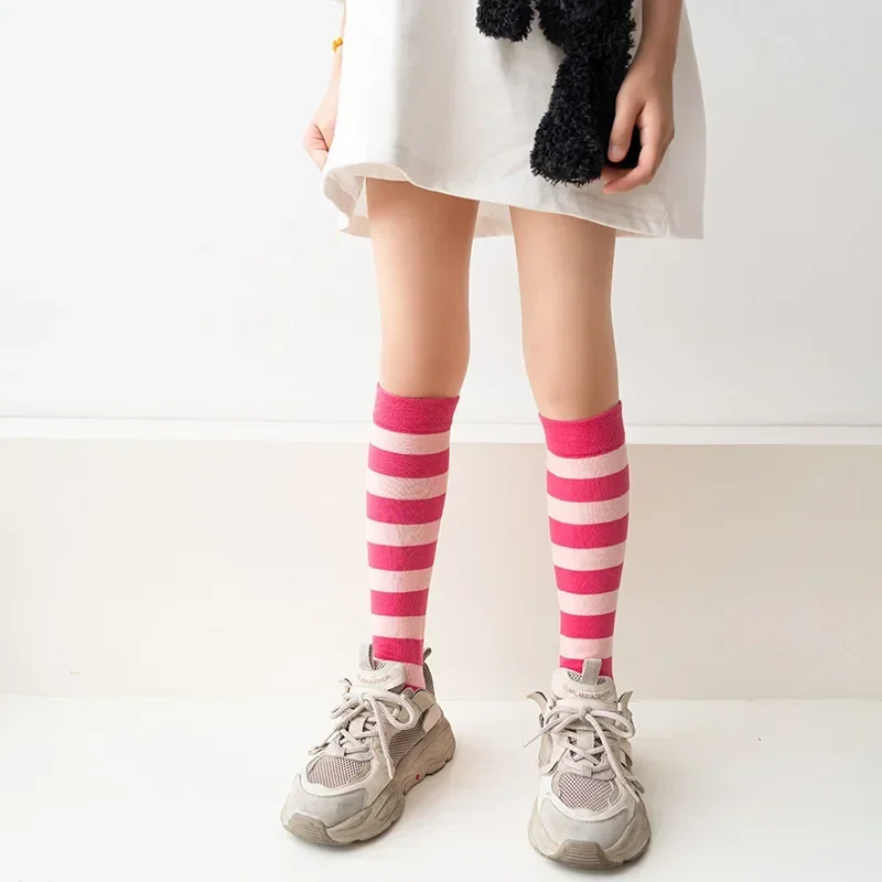 1 Pair Kid Girl Sock Y2K Style Retro Knee High Sock for Toddler Girl Solid Color Series Striped Calf Sock for Children