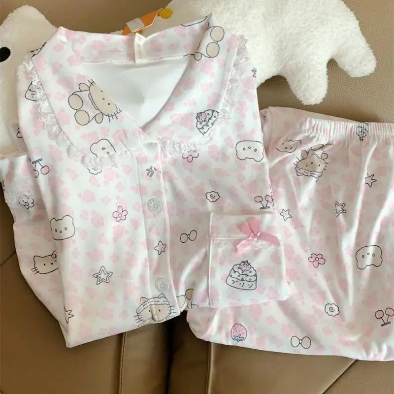 

Sanrio Hello Kitty, женские пижамные комплекты для сна, кавайные зимние штаны с длинными рукавами и героями мультфильмов, теплая одежда для сна, домашняя одежда для молодых девушек, новинка
