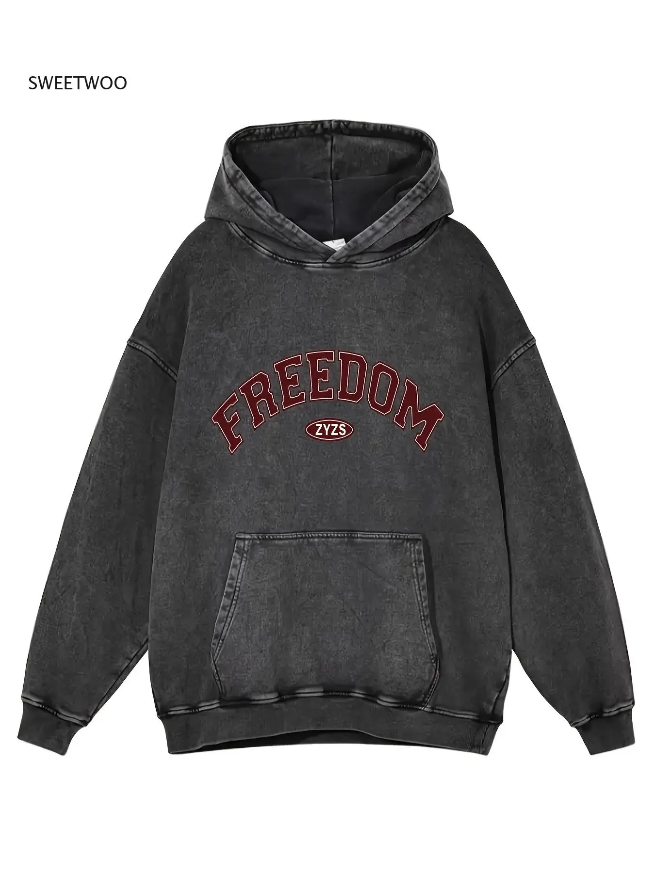 

OBM Мужская винтажная потертая толстовка большого размера с капюшоном - пуловер с рисунком белых чернил и красным FREEDOM