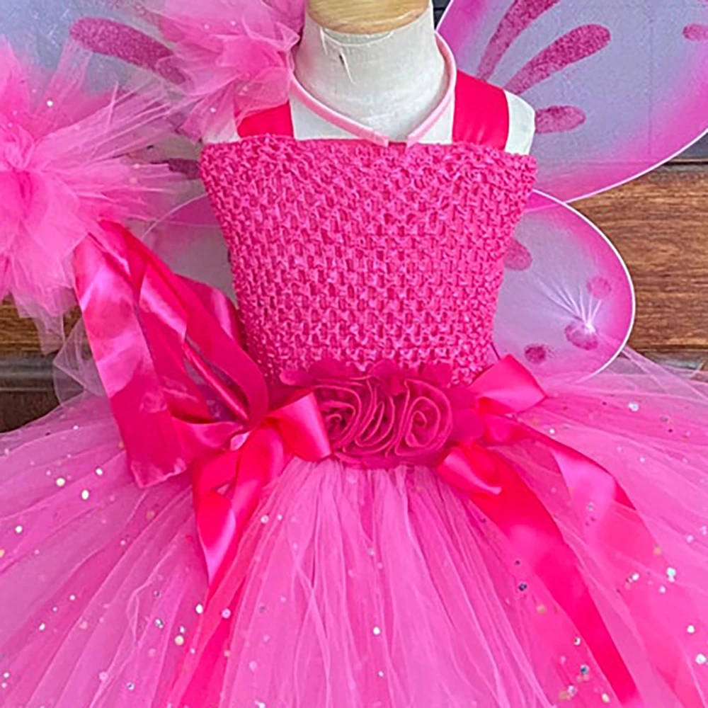 Girls Pink Glitter Tulle Dress Kids Butterfly Fairy Tutu Dresses with Wing and Stick Hairbow Children Halloween Cosplay Costume