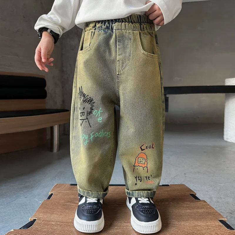 Spring Autumn Retro Children's Jeans Personal Graffiti Pants for Boys and Girls Jeans Baby Kids Straight Trousers 2-11 Years