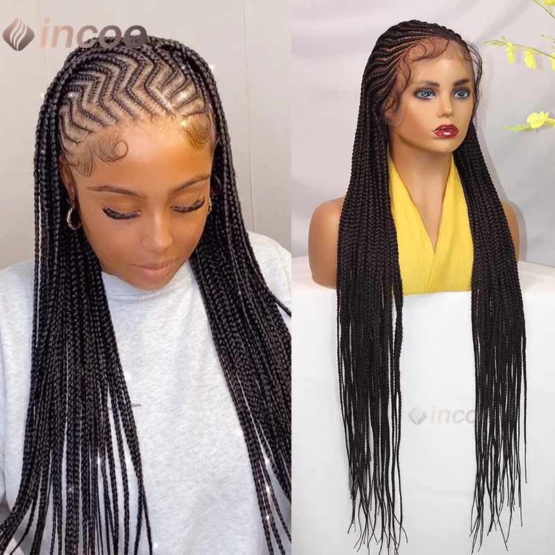 

36" Synthetic Cornrow Box Braided Full Lace Front Wigs for Black Women Knotless Box Braids Wig Baby Hair Handmade Braiding Wig