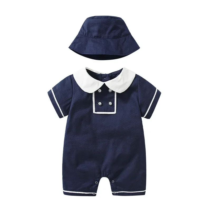 2022 baby summer clothing College style Peter pan Collar short sleeve cotton girls rompers+hat 2pcs set Infant Baby clothes