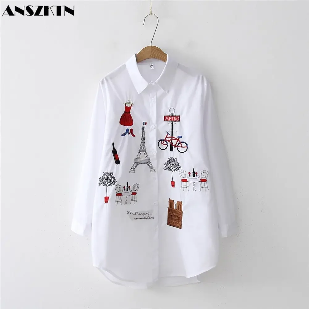 embroidered white shirt vintage BF long sleeved shirt medium length women