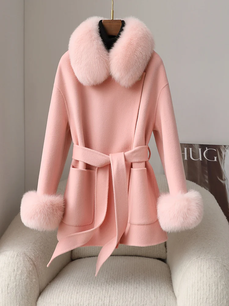 fur collar double-sided cashmere coat for women's medium length simple and elegant style fur double-sided wool coat