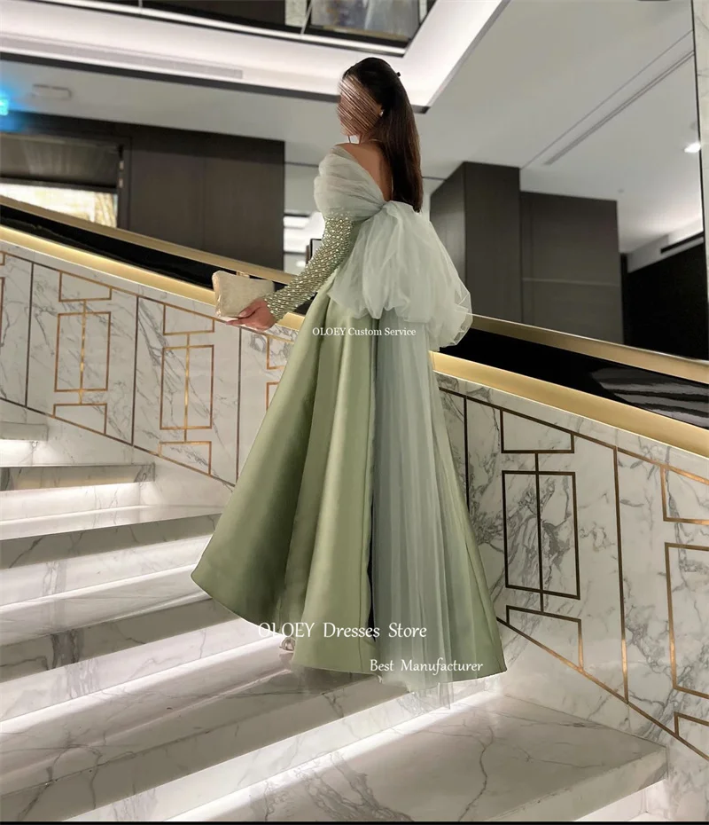 OLOEY Saudi Arabic Women Sage Green Champagne Evening Dresses Off Shoulder Glitter Long Sleeves Prom Gowns Formal Party Dress