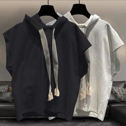 Summer Solid Men Drawstring Hooded Tank Top Fashion All-match Punk Casual 2xl Oversized Clothing Vest Tee Black White Street Gym