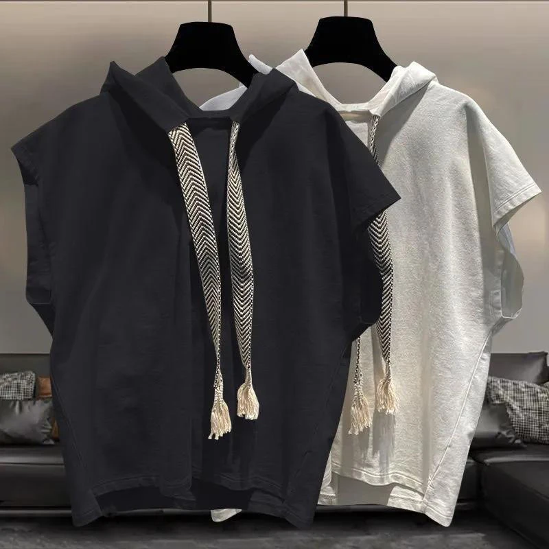 Summer Solid Men Drawstring Hooded Tank Top Fashion All-match Punk Casual 2xl Oversized Clothing Vest Tee Black White Street Gym