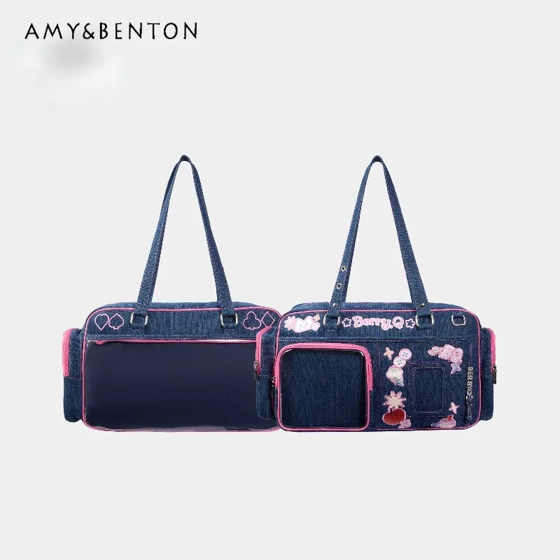 

Japanese Gothic Large Capacity Cartoon Embroidered Denim Shoulder Bag Women Transparent Patchwork Anime Girl Daily Crossbody Bag