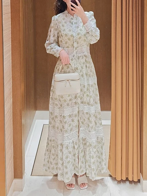 

Elegant French Style Long Floral Lace Insert Waist Cinching Dress for Women Summer 2026 Polyester Fiber A-Line Skirt Casual