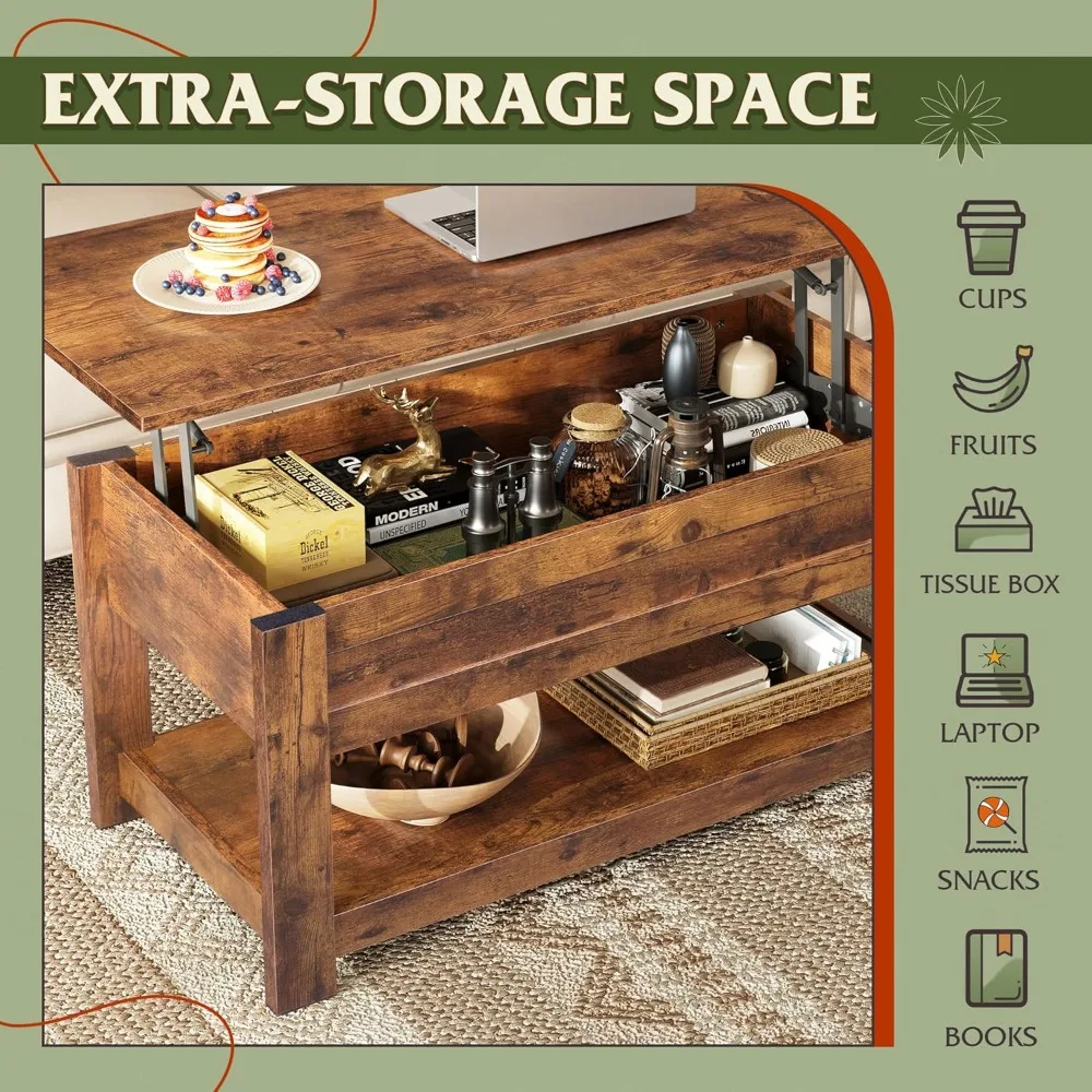 Coffee Table, 39" Lift Top Coffee Table with Hidden Compartment and Storage Shelf for Living Room, Rustic Brown